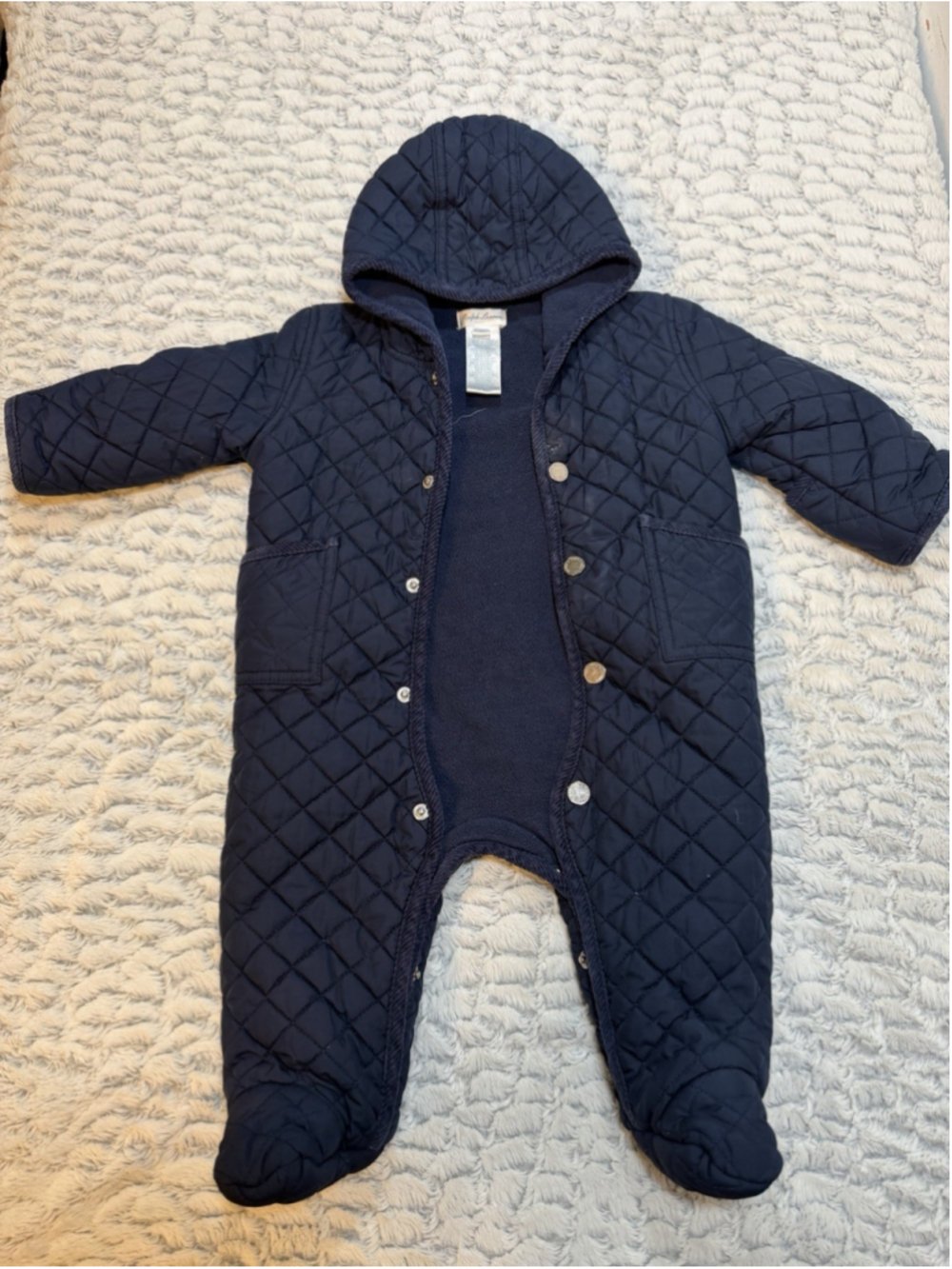 Polo Ralph Lauren Quilted Hooded Snowsuit Navy 6 Months Snap Front